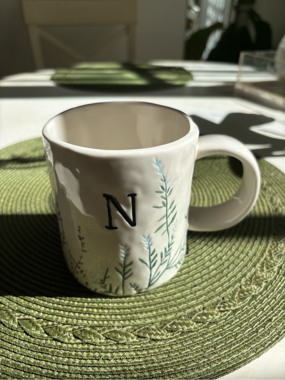 Anthropologie Dagny Monogram 'N' Ceramic Mug. Impressed botanical